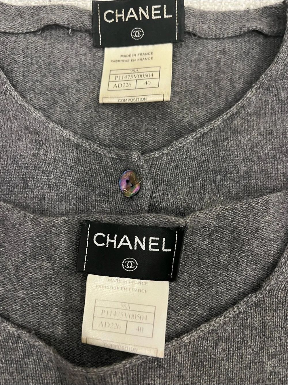 Vintage CHANEL '98A Chain Trim Cashmere Silk Gray Cardigan Sweater Twin Set Fr40